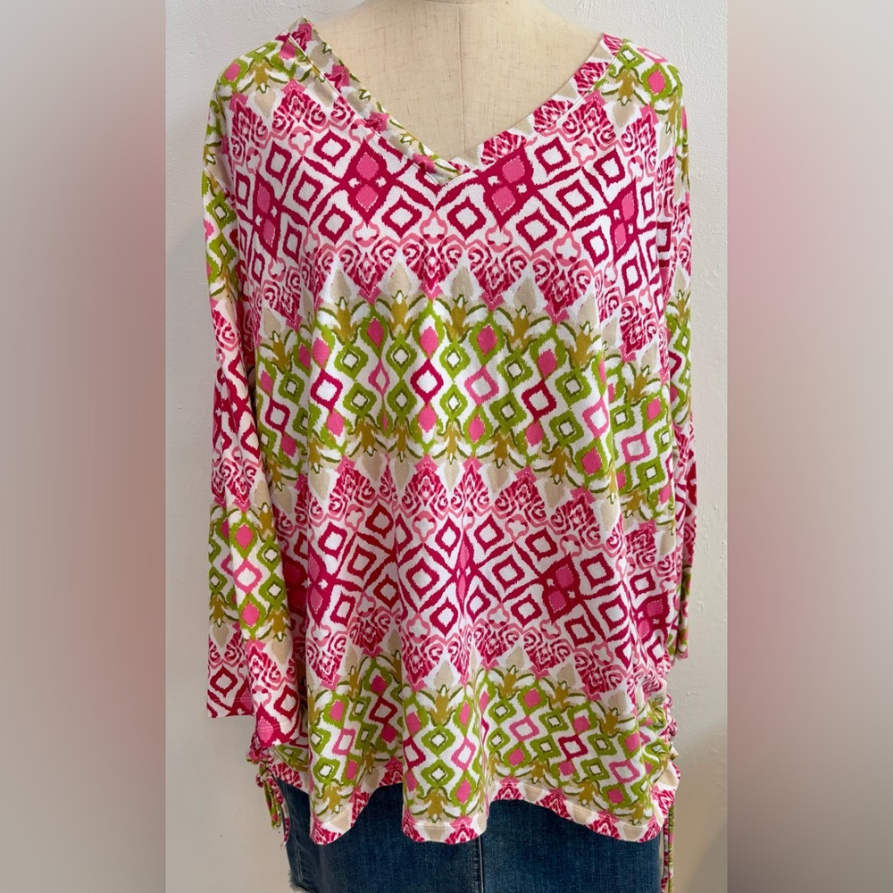 Caribbean Joe Pink and Green Floral Blouse
